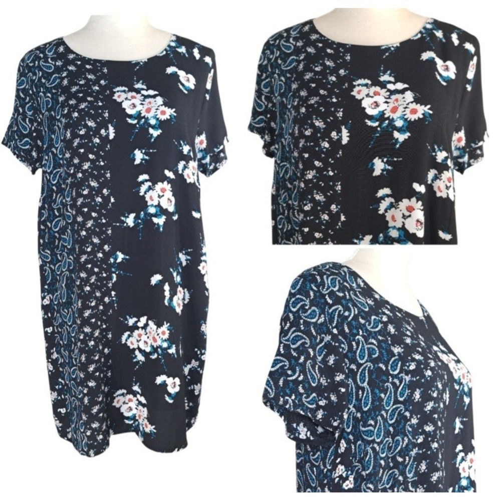 Olivaceous Dress L Black/Multicolor‎ Mixed Print Rayon Shift Lined Short Sleeve